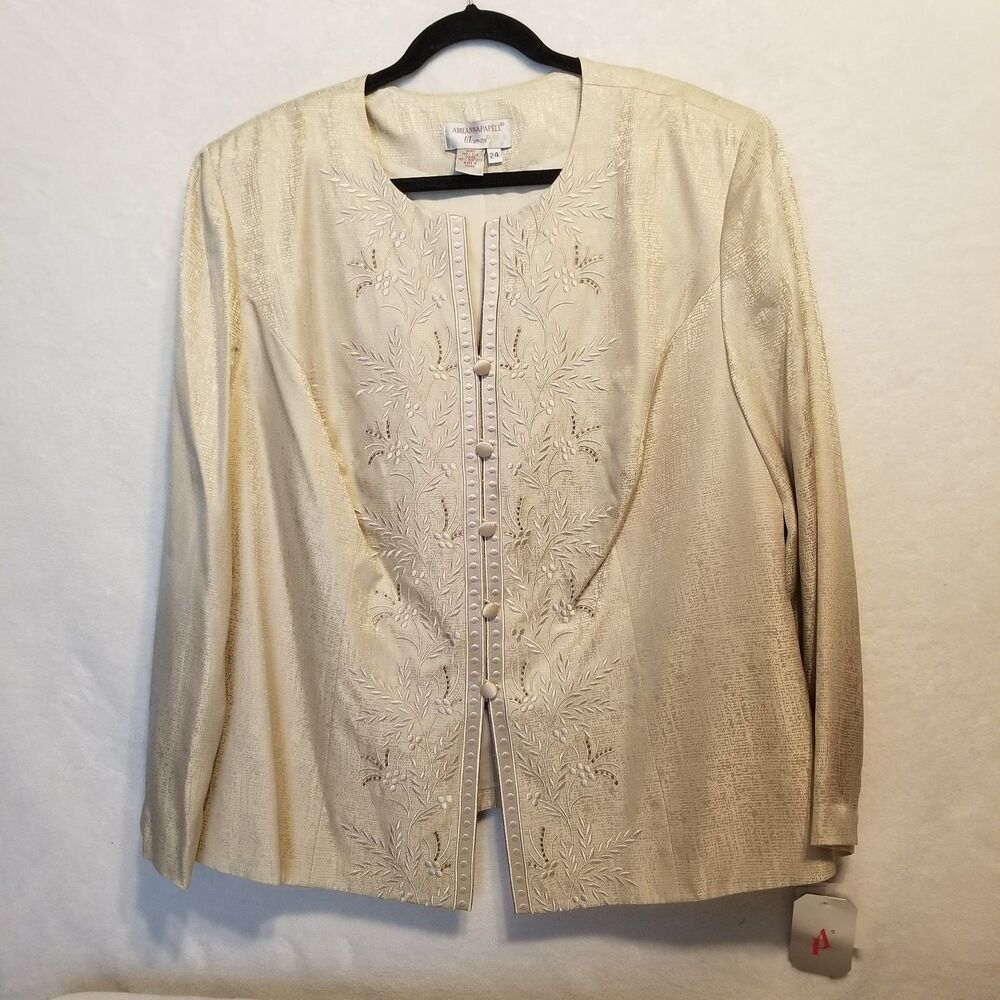 Adrianna Papell 24 Blazer 100% Silk Gold Embroidered Jeweled Button Front Career